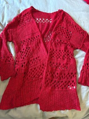 Red Open-Knit Women's Sweater Cardigan